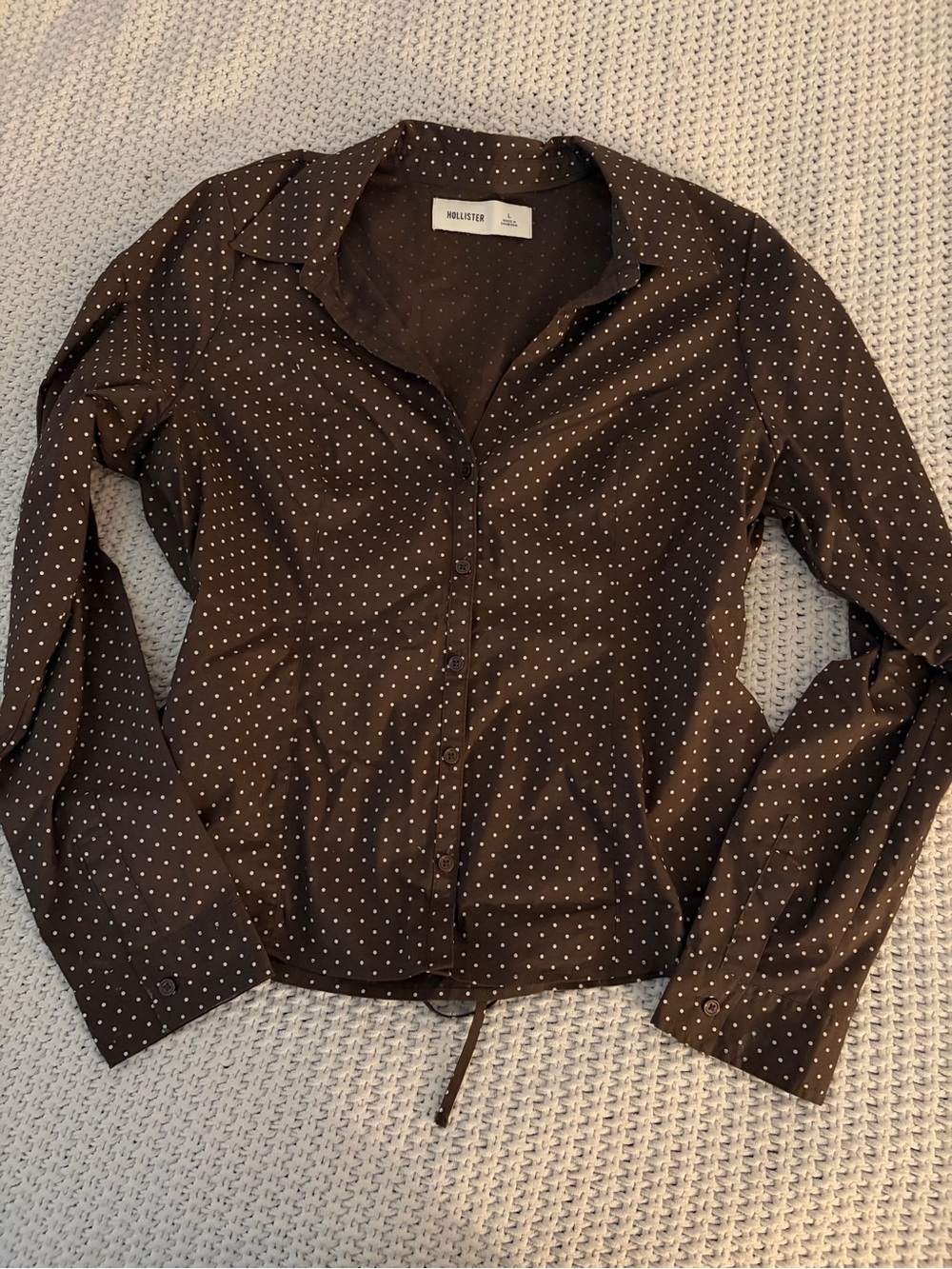 Hollister Brown Button-Down Shirt with White Polka Dots